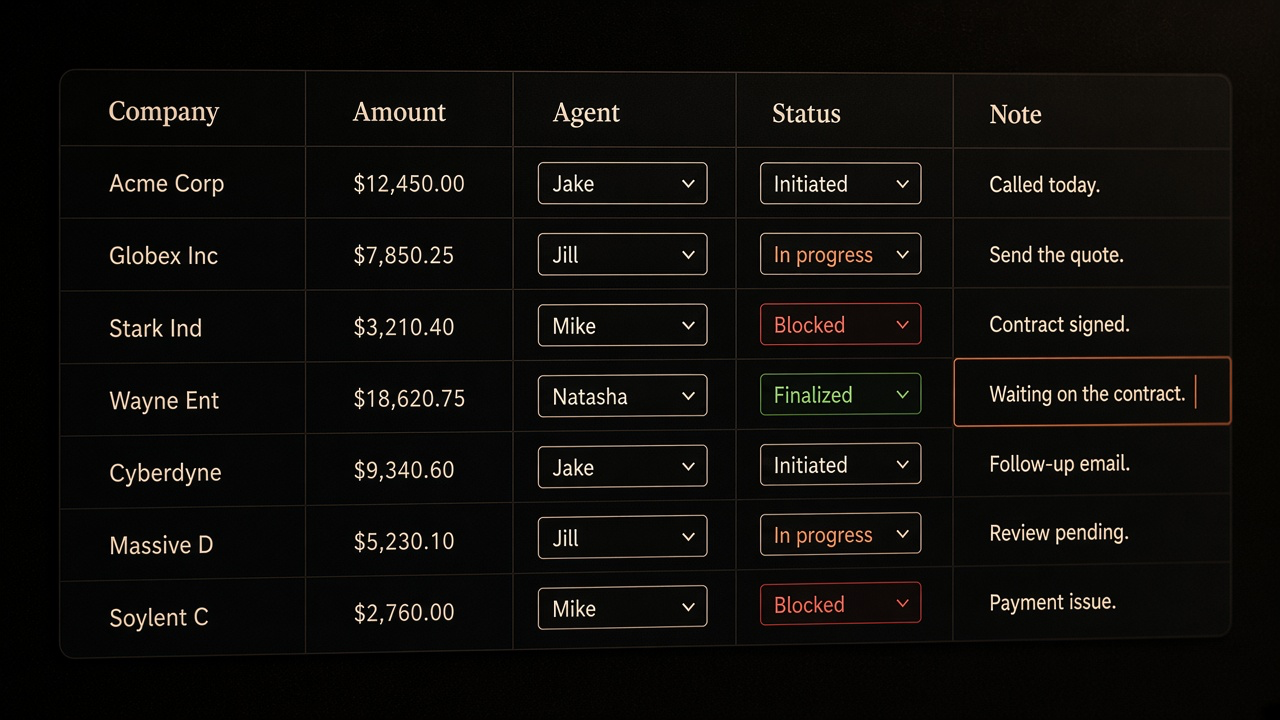 A dark table with Agent and Status dropdowns beside an editable Note cell.