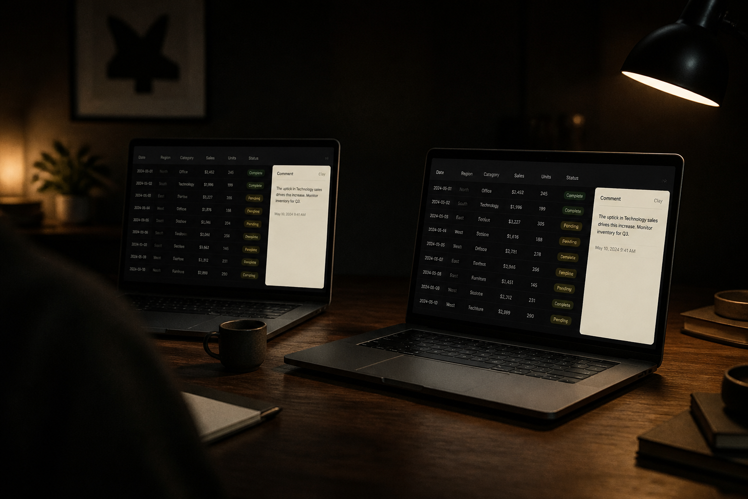 Two laptops on a desk, both showing the same comment in a table.